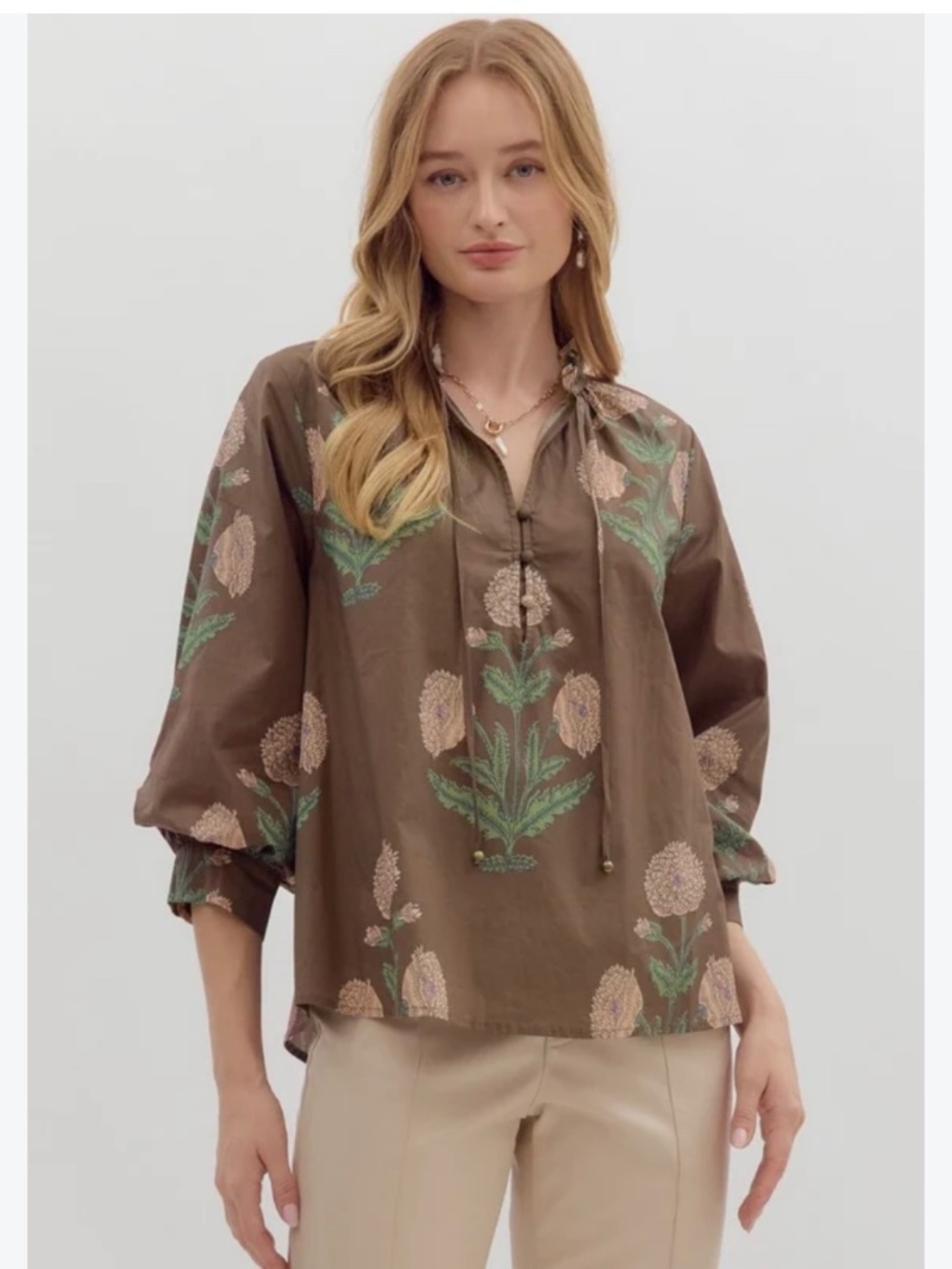 NWT Entro Brown Floral Bubble Sleeve Top - Size M